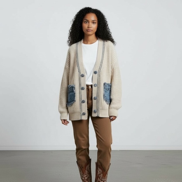 Women's Like Love Beige Cardigan with Denim Pockets S - Picture 2 of 15
